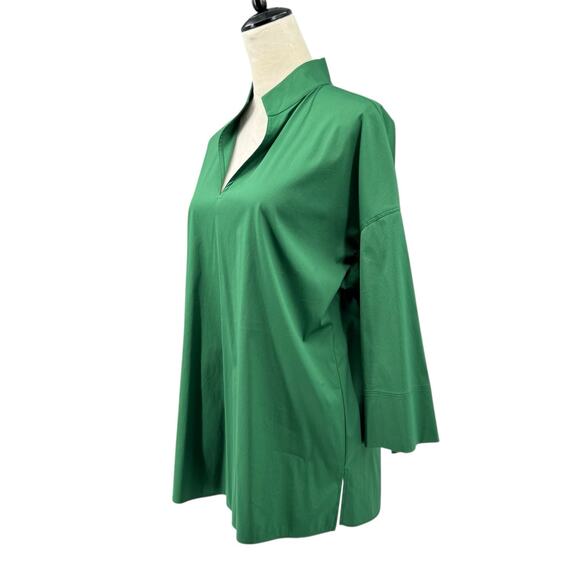 Lafayette 148 NWT Solid Green Hawkins Poplin Stretch V-neck Collarless Blouse - Picture 4 of 13
